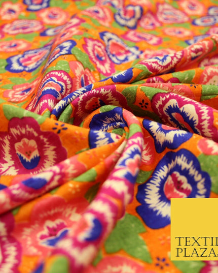 Orange Purple Flower Printed 100% PURE Dupion Raw Silk Fabric Slub Handloom 2482