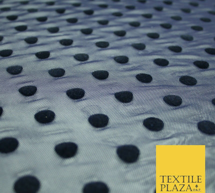 Black / Navy Blue 1cm Flocked Spot Polka Dot Power Mesh Net Stretch Dress Fabric