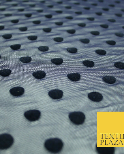 Black / Navy Blue 1cm Flocked Spot Polka Dot Power Mesh Net Stretch Dress Fabric