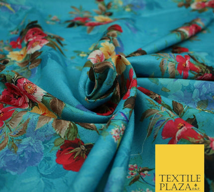 BLUE Floral Digital Print Pink Flowers Faux Raw Silk Fabric Dress Craft 2423