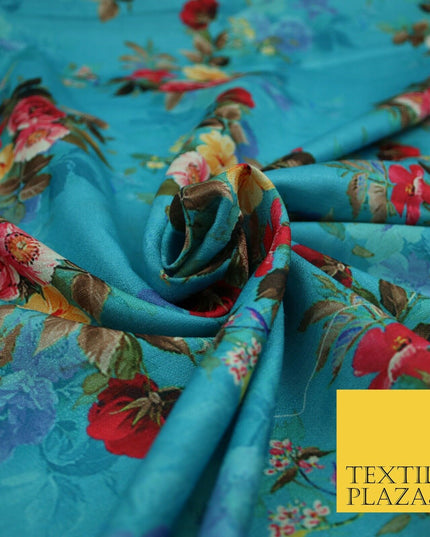 BLUE Floral Digital Print Pink Flowers Faux Raw Silk Fabric Dress Craft 2423