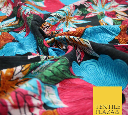 Black Multicolour Flower Funky Abstract Printed PURE Dupion Raw Silk Fabric 2483