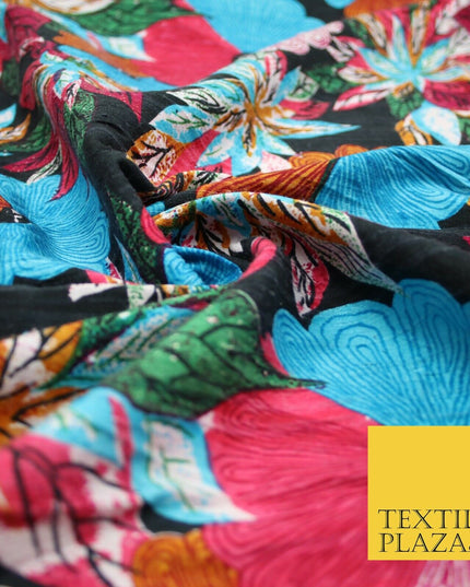 Black Multicolour Flower Funky Abstract Printed PURE Dupion Raw Silk Fabric 2483