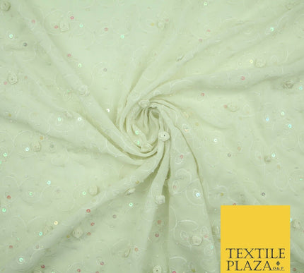 Luxury Cream Sequin Pearl 3D Roses Beaded Swirls Georgette Dress Fabric 2762