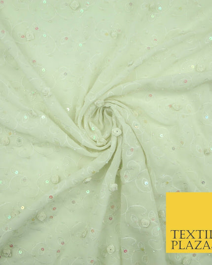 Luxury Cream Sequin Pearl 3D Roses Beaded Swirls Georgette Dress Fabric 2762