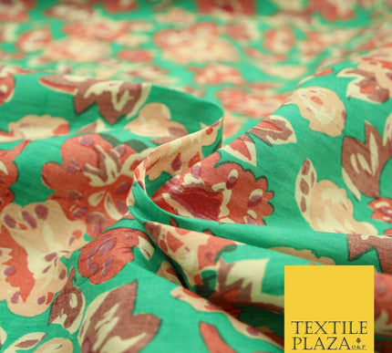 Sea Green Peach Flower Printed 100% PURE Dupion Raw Silk Handloom Fabric 2484