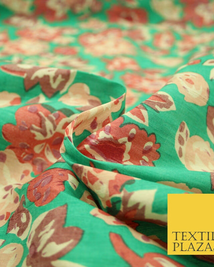 Sea Green Peach Flower Printed 100% PURE Dupion Raw Silk Handloom Fabric 2484