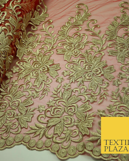 Gold Waves Motifs Embroidery Scalloped Mesh Net Wedding Dress Fabric Fashion