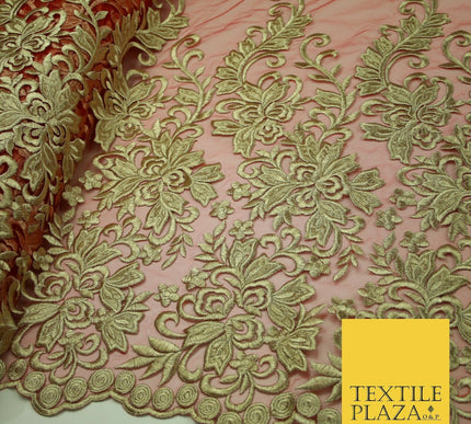 Gold Waves Motifs Embroidery Scalloped Mesh Net Wedding Dress Fabric Fashion