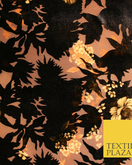 Dark Navy Blue Brown Floral Pansy Shadows Velvet Devore Burnout Net Fabric