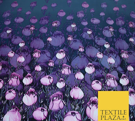 Purple Lilac White Tulip Flower Print Spun Rayon Viscose Dress Fabric Craft 2450