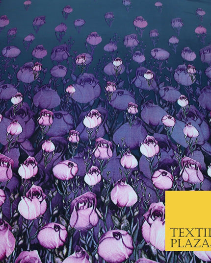 Purple Lilac White Tulip Flower Print Spun Rayon Viscose Dress Fabric Craft 2450