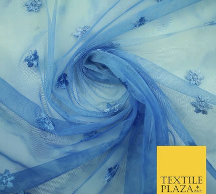 Cloudy Blue Mini Flower Embroidered Scalloped Tie Dye Mesh Net Dress Fabric 2760