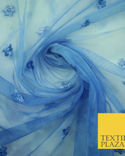 Cloudy Blue Mini Flower Embroidered Scalloped Tie Dye Mesh Net Dress Fabric 2760