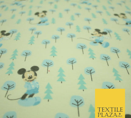 Cream Disney Mickey Mouse Festive Christmas Trees Winceyette Soft Brushed Cotton Print Fabric 2144