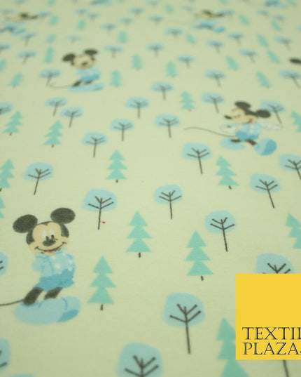 Cream Disney Mickey Mouse Festive Christmas Trees Winceyette Soft Brushed Cotton Print Fabric 2144