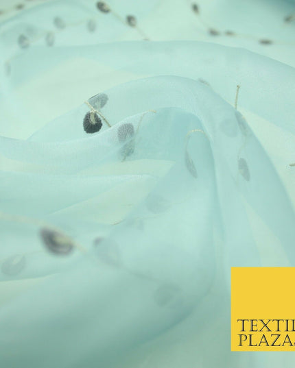 Light Blue Embroidered Floral Falling Stems Crystal Organza Dress Fabric 2759