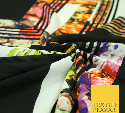 Black Check Floral Abstract Multicolour Printed Heavyweight Georgette Fabric 58"