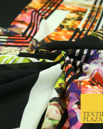 Black Check Floral Abstract Multicolour Printed Heavyweight Georgette Fabric 58"