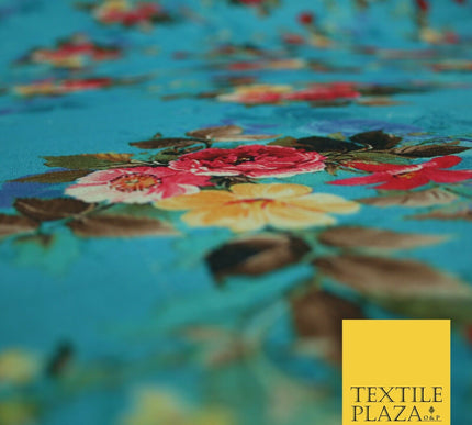 BLUE Floral Digital Print Pink Flowers Faux Raw Silk Fabric Dress Craft 2423