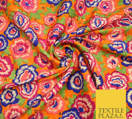 Orange Purple Flower Printed 100% PURE Dupion Raw Silk Fabric Slub Handloom 2482