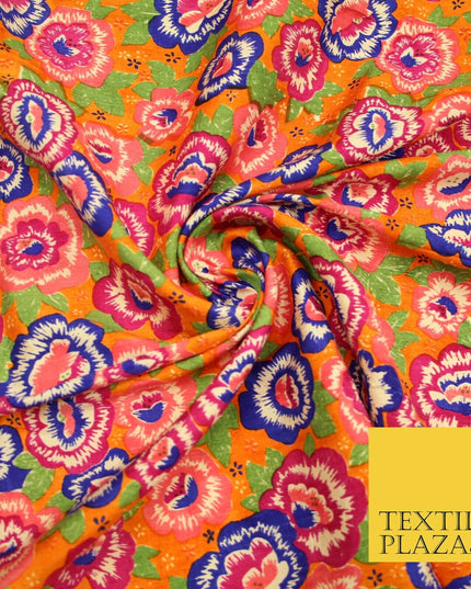 Orange Purple Flower Printed 100% PURE Dupion Raw Silk Fabric Slub Handloom 2482