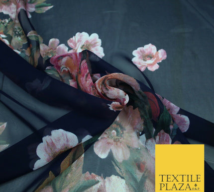 High Quality Ink Navy Blue Panel Print Chiffon Georgette Dress Fabric Craft 2449