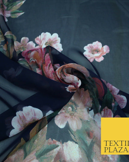 High Quality Ink Navy Blue Panel Print Chiffon Georgette Dress Fabric Craft 2449