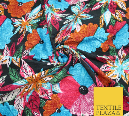 Black Multicolour Flower Funky Abstract Printed PURE Dupion Raw Silk Fabric 2483