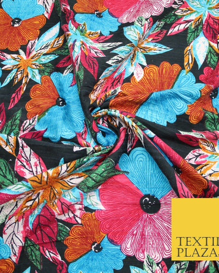 Black Multicolour Flower Funky Abstract Printed PURE Dupion Raw Silk Fabric 2483