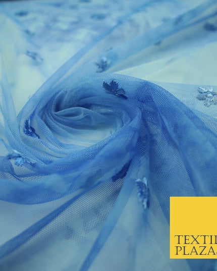 Cloudy Blue Mini Flower Embroidered Scalloped Tie Dye Mesh Net Dress Fabric 2760