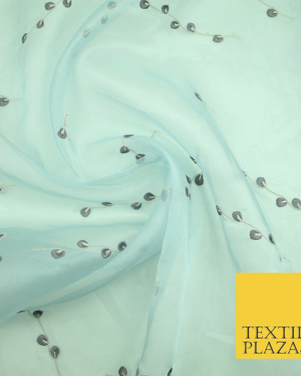 Light Blue Embroidered Floral Falling Stems Crystal Organza Dress Fabric 2759