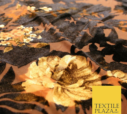 Dark Navy Blue Brown Floral Pansy Shadows Velvet Devore Burnout Net Fabric