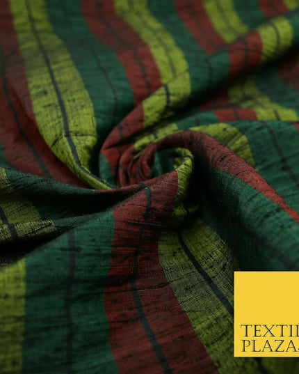 Black Olive Green Maroon Check Stripe Woven 100% PURE Dupion Raw Silk Fabric2485