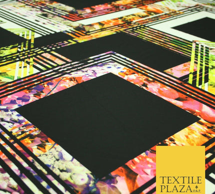 Black Check Floral Abstract Multicolour Printed Heavyweight Georgette Fabric 58"
