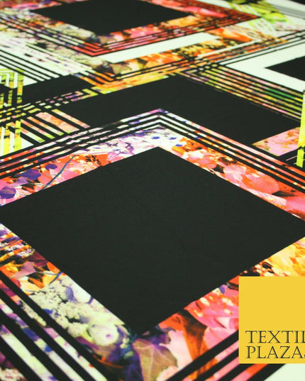 Black Check Floral Abstract Multicolour Printed Heavyweight Georgette Fabric 58"