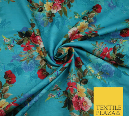 BLUE Floral Digital Print Pink Flowers Faux Raw Silk Fabric Dress Craft 2423