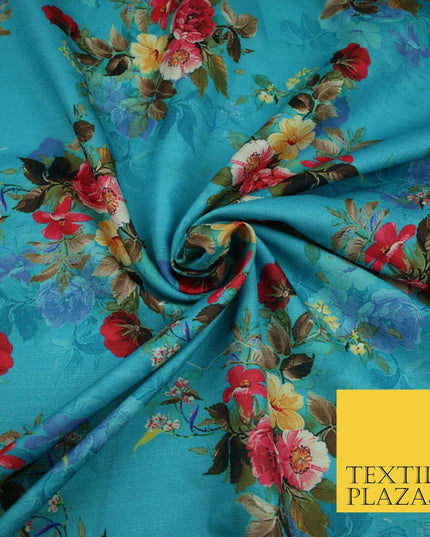 BLUE Floral Digital Print Pink Flowers Faux Raw Silk Fabric Dress Craft 2423
