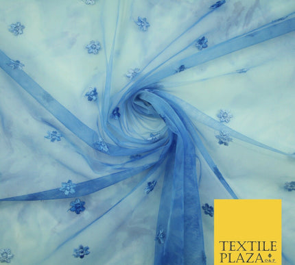 Cloudy Blue Mini Flower Embroidered Scalloped Tie Dye Mesh Net Dress Fabric 2760