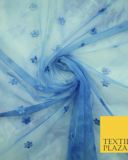Cloudy Blue Mini Flower Embroidered Scalloped Tie Dye Mesh Net Dress Fabric 2760