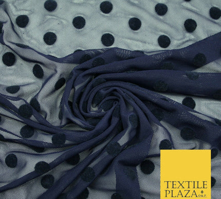 Black / Navy Blue 1cm Flocked Spot Polka Dot Power Mesh Net Stretch Dress Fabric