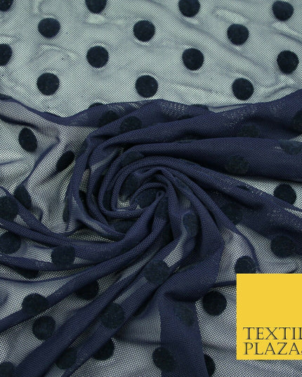 Black / Navy Blue 1cm Flocked Spot Polka Dot Power Mesh Net Stretch Dress Fabric