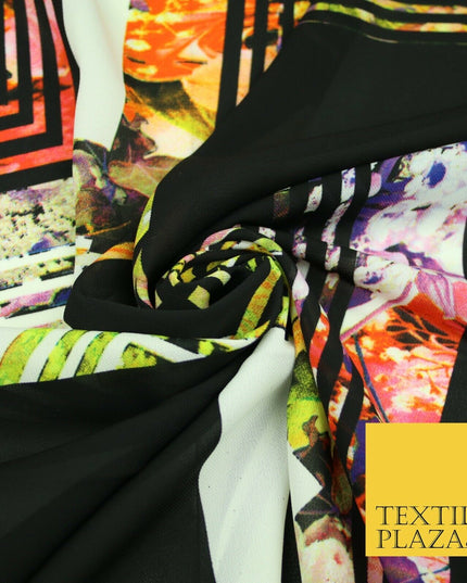 Black Check Floral Abstract Multicolour Printed Heavyweight Georgette Fabric 58"