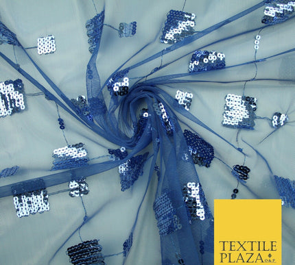 Luxury Blue Shiny Sequin Square Blocks Mesh Net Dress Fabric Fashion Craft 2758