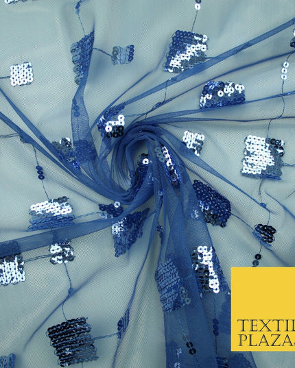 Luxury Blue Shiny Sequin Square Blocks Mesh Net Dress Fabric Fashion Craft 2758