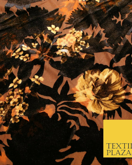 Dark Navy Blue Brown Floral Pansy Shadows Velvet Devore Burnout Net Fabric