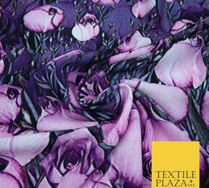 Purple Lilac White Tulip Flower Print Spun Rayon Viscose Dress Fabric Craft 2450