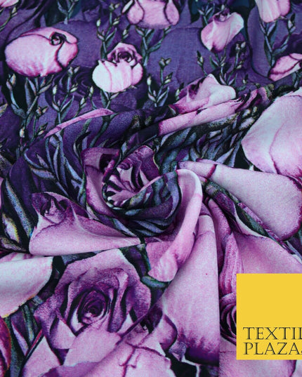 Purple Lilac White Tulip Flower Print Spun Rayon Viscose Dress Fabric Craft 2450