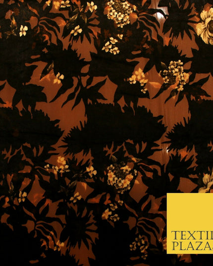 Dark Navy Blue Brown Floral Pansy Shadows Velvet Devore Burnout Net Fabric