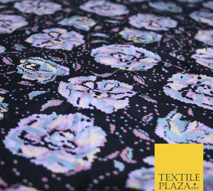 Floral Garden Digital Pixels Artsy Flowers Silky Smooth Satin Dress Fabric